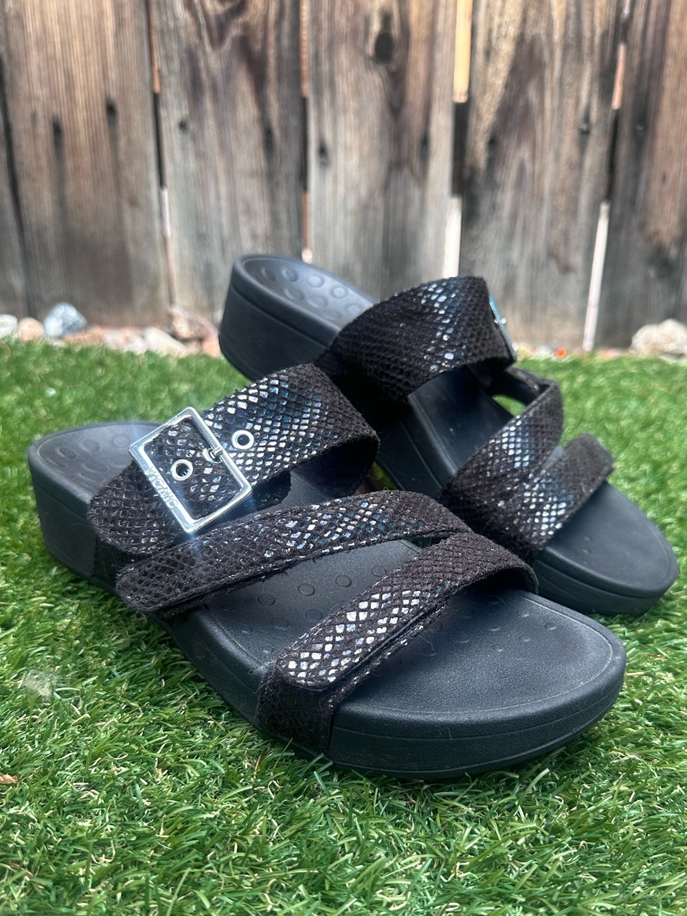 Vionic Black Textured Slide Sandals with Silver Buckle